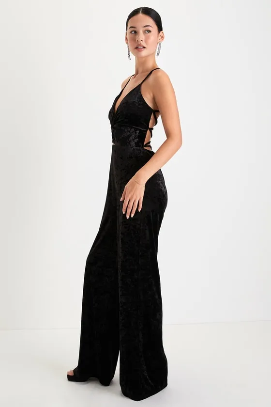 Dreams of Disco Black Velvet Lace-Up Jumpsuit sold by Lulus product image thumbnail 3