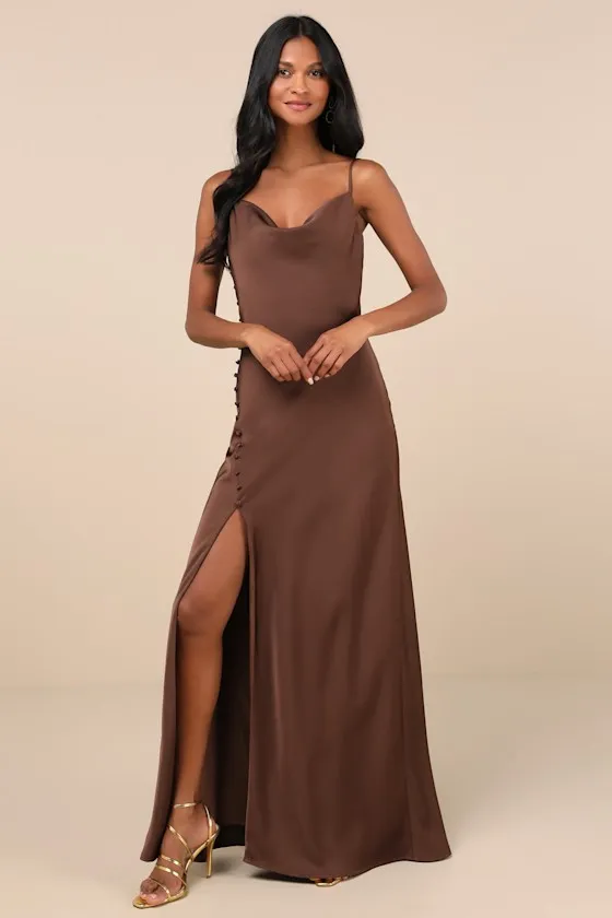 Truly a Beauty Dark Brown Satin Cowl Neck Side Button Maxi Dress sold by Lulus
