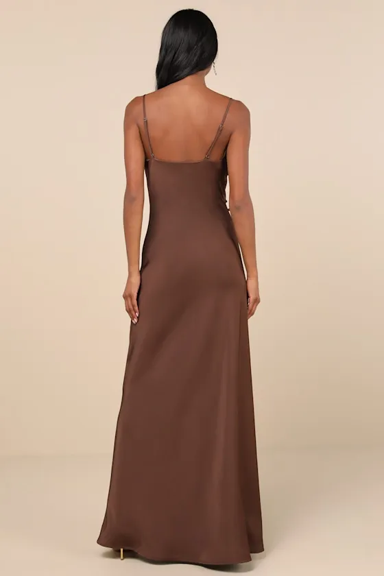 Truly a Beauty Dark Brown Satin Cowl Neck Side Button Maxi Dress sold by Lulus product image thumbnail 2