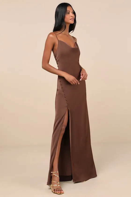 Truly a Beauty Dark Brown Satin Cowl Neck Side Button Maxi Dress sold by Lulus product image thumbnail 3