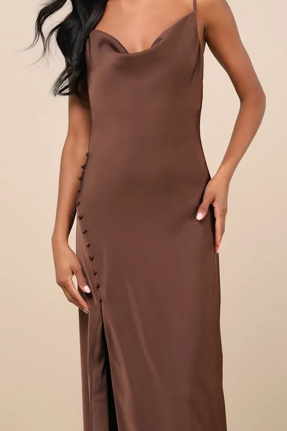 Truly a Beauty Dark Brown Satin Cowl Neck Side Button Maxi Dress sold by Lulus product image thumbnail 4