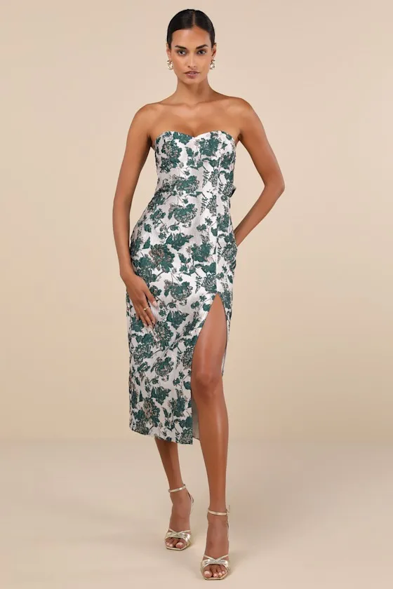 Beloved Belle Silver and Green Jacquard Strapless Bow Midi Dress sold by Lulus