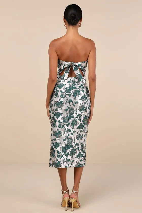 Beloved Belle Silver and Green Jacquard Strapless Bow Midi Dress sold by Lulus product image thumbnail 3