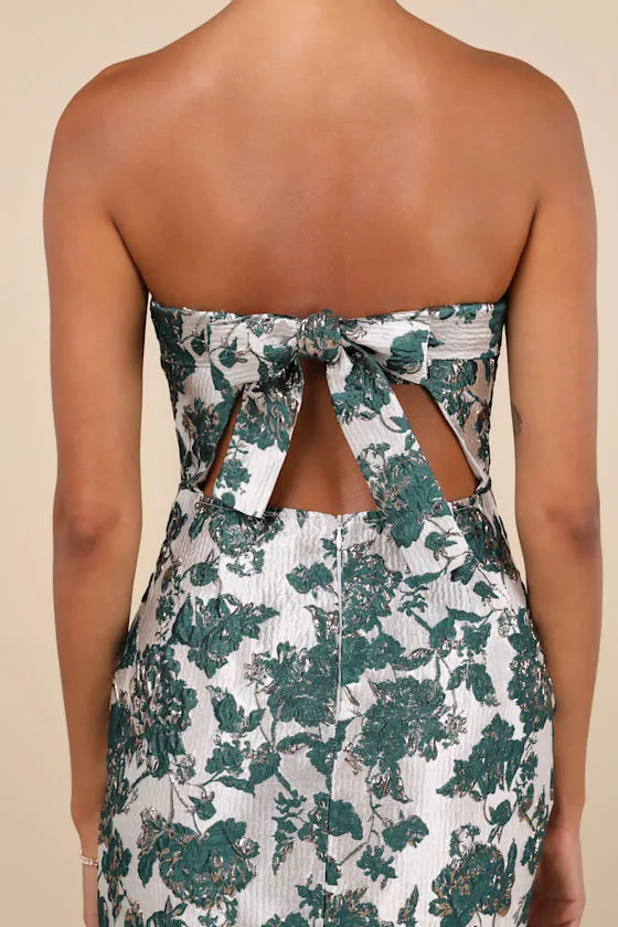 Beloved Belle Silver and Green Jacquard Strapless Bow Midi Dress sold by Lulus product image thumbnail 4