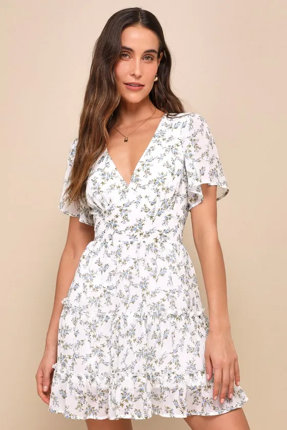 So True White Floral Print Tiered Short Sleeve Mini Dress sold by Lulus