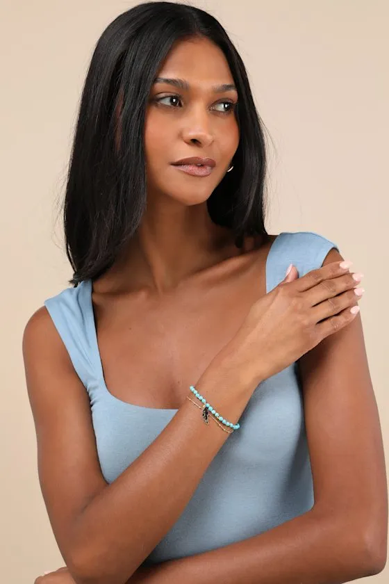 Boho Cutie Gold and Turquoise Beaded Feather Layered Bracelet sold by Lulus