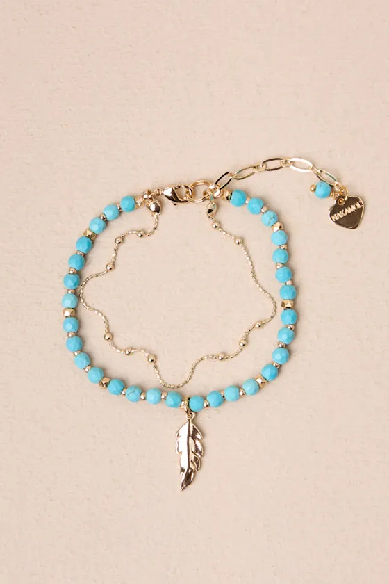 Boho Cutie Gold and Turquoise Beaded Feather Layered Bracelet sold by Lulus product image thumbnail 2