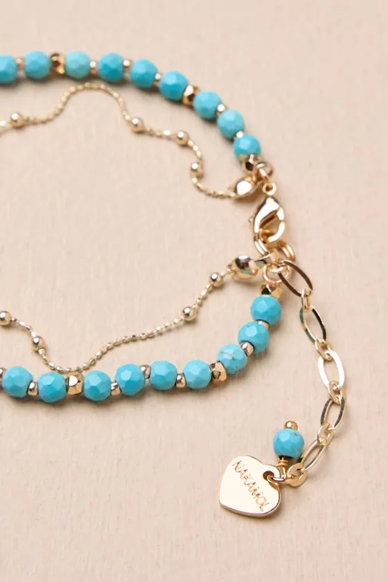 Boho Cutie Gold and Turquoise Beaded Feather Layered Bracelet sold by Lulus product image thumbnail 3