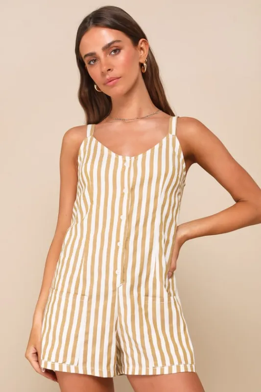 Good Times Light Brown Striped Tie-Back Sleeveless Romper sold by Lulus