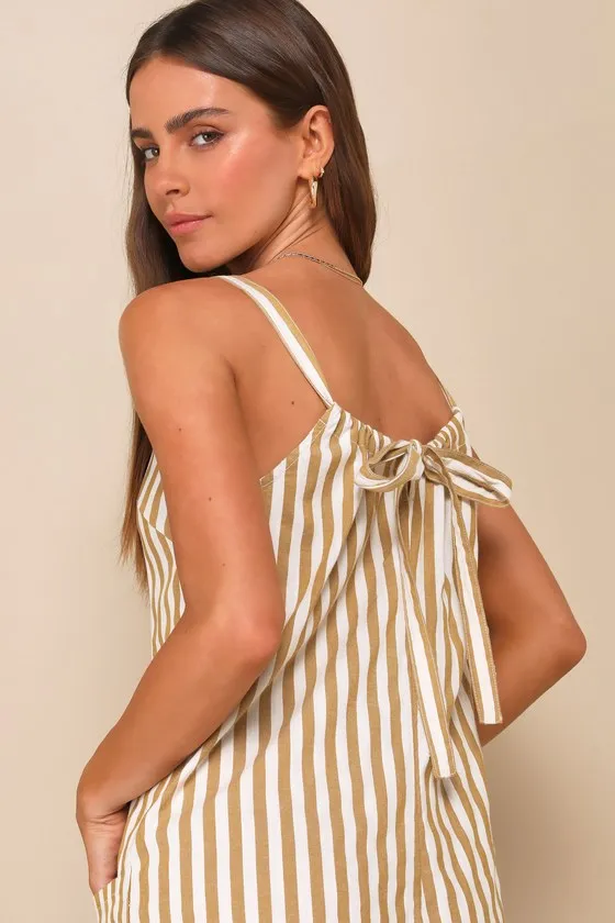 Good Times Light Brown Striped Tie-Back Sleeveless Romper sold by Lulus product image thumbnail 4