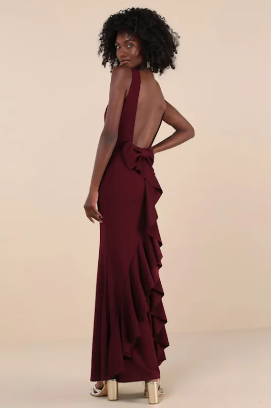 Exquisite Refinement Plum Purple Backless Bow Ruffled Maxi Dress sold by Lulus