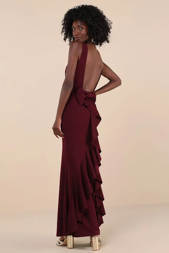 Exquisite Refinement Plum Purple Backless Bow Ruffled Maxi Dress sold by Lulus