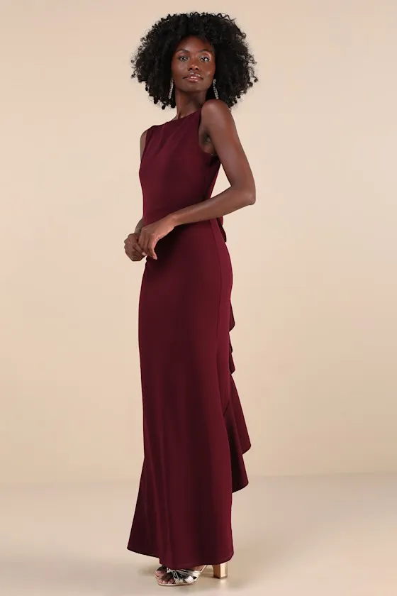 Exquisite Refinement Plum Purple Backless Bow Ruffled Maxi Dress sold by Lulus product image thumbnail 3
