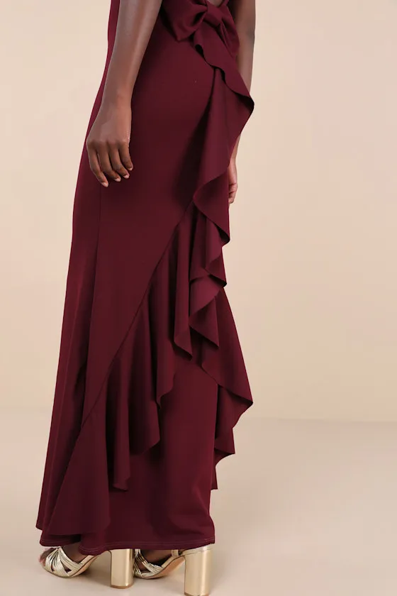 Exquisite Refinement Plum Purple Backless Bow Ruffled Maxi Dress sold by Lulus product image thumbnail 4