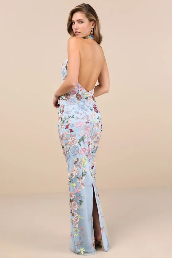 Infinite Praise Blue 3D Floral Embroidered Halter Maxi Dress sold by Lulus product image thumbnail 3