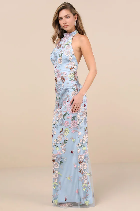 Infinite Praise Blue 3D Floral Embroidered Halter Maxi Dress sold by Lulus product image thumbnail 4