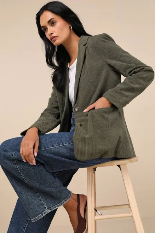 Darling Academic Olive Green Corduroy Oversized Blazer sold by Lulus