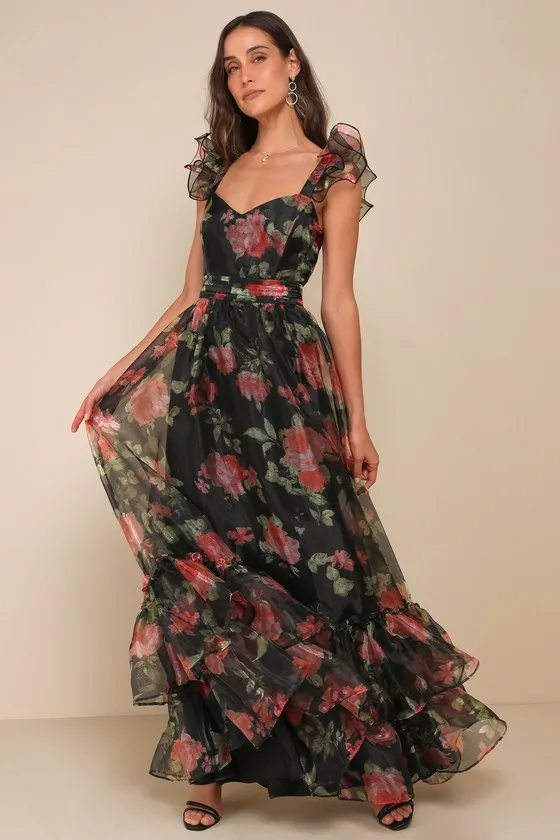 Befitting Glamour Black Floral Organza Ruffled Tiered Maxi Dress sold by Lulus