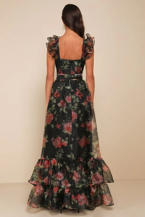 Befitting Glamour Black Floral Organza Ruffled Tiered Maxi Dress sold by Lulus product image thumbnail 2