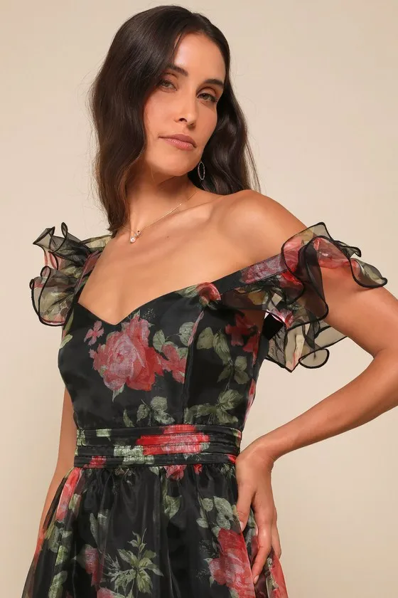 Befitting Glamour Black Floral Organza Ruffled Tiered Maxi Dress sold by Lulus product image thumbnail 3