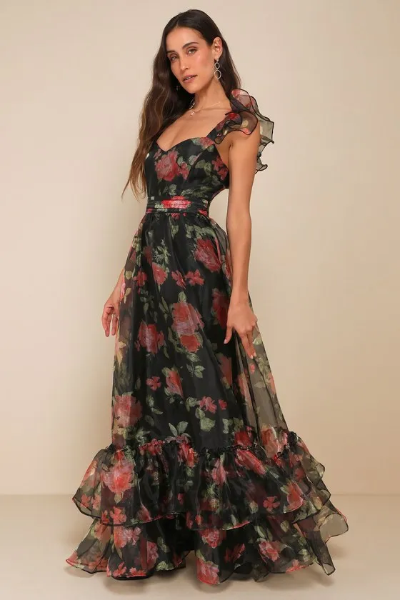 Befitting Glamour Black Floral Organza Ruffled Tiered Maxi Dress sold by Lulus product image thumbnail 4