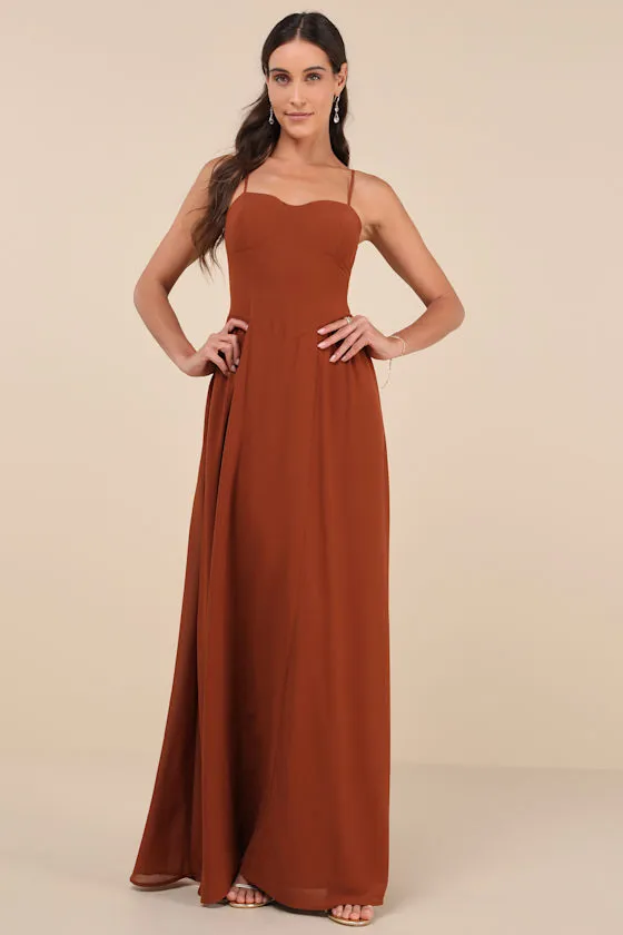 Exuding Excellence Brown Sleeveless Bustier Maxi Dress sold by Lulus