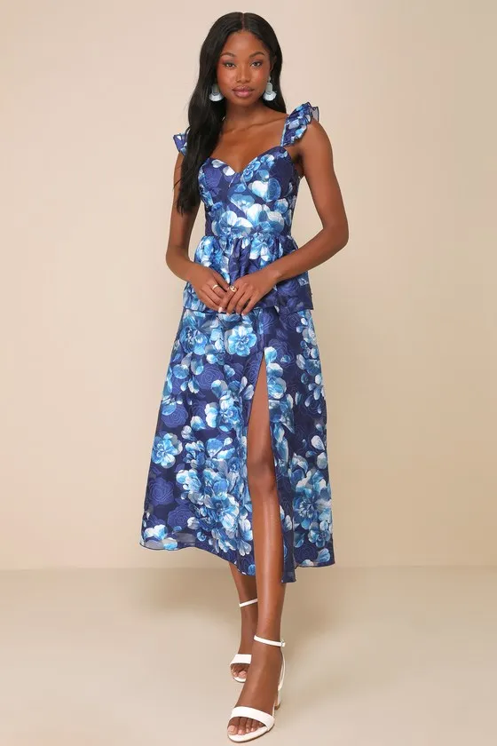 Memorable Poise Blue Floral Ruffled Bustier Midi Dress sold by Lulus