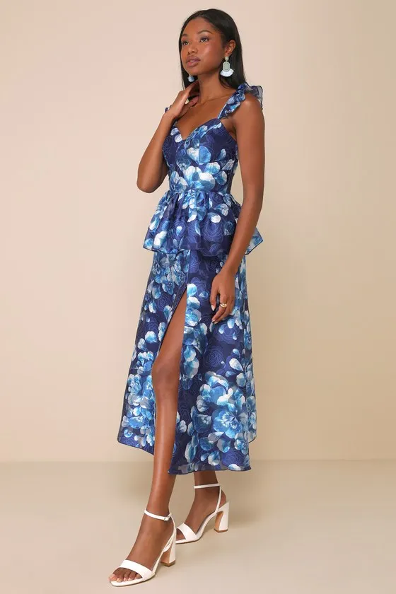 Memorable Poise Blue Floral Ruffled Bustier Midi Dress sold by Lulus product image thumbnail 2