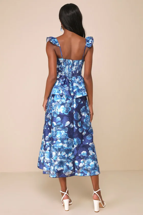 Memorable Poise Blue Floral Ruffled Bustier Midi Dress sold by Lulus product image thumbnail 3