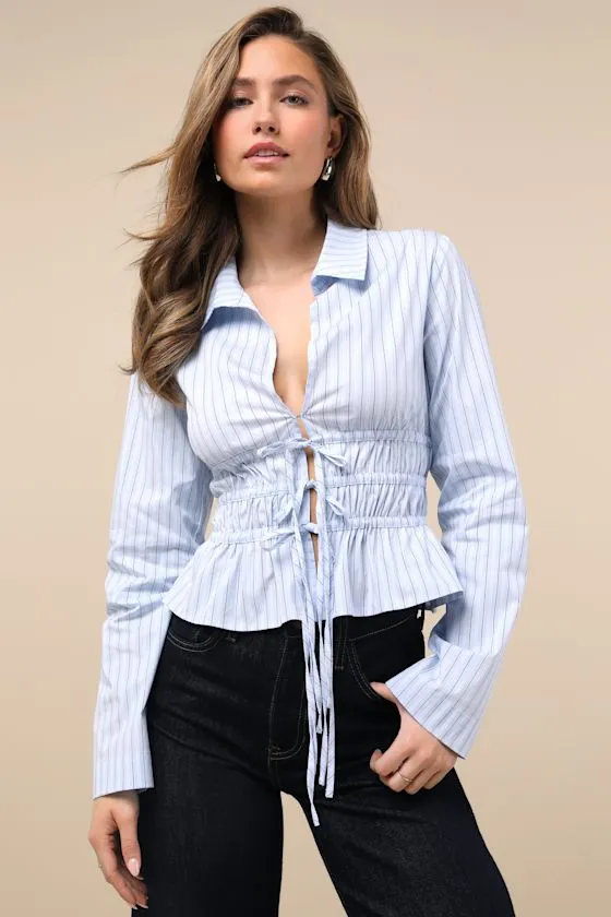Polished Essence Blue Striped Collared Tie-Front Top sold by Lulus