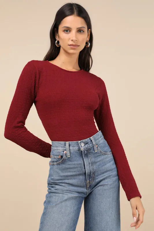 Iconic Composure Wine Red Textured Twist-Back Long Sleeve Top made by Lulus