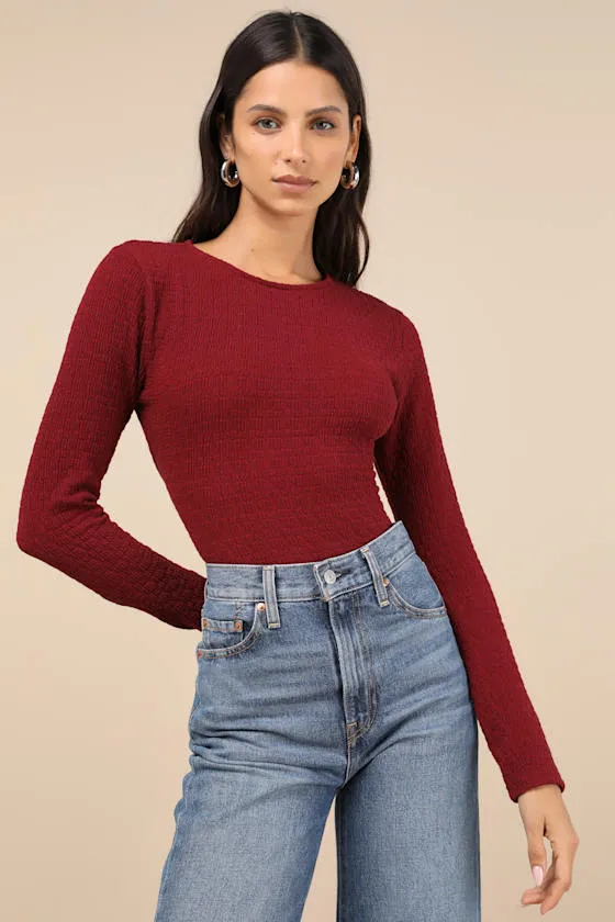 Iconic Composure Wine Red Textured Twist-Back Long Sleeve Top sold by Lulus