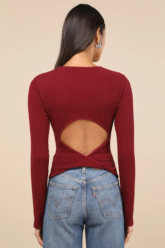 Iconic Composure Wine Red Textured Twist-Back Long Sleeve Top sold by Lulus product image thumbnail 2