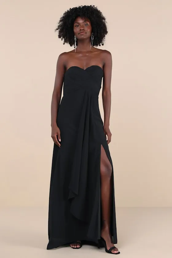 Splendid Aura Black Chiffon Pleated Strapless Maxi Dress sold by Lulus