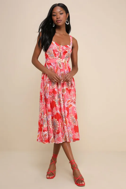 Impeccable Aura Pink Paisley Print Cutout Buckle Midi Dress made by Lulus