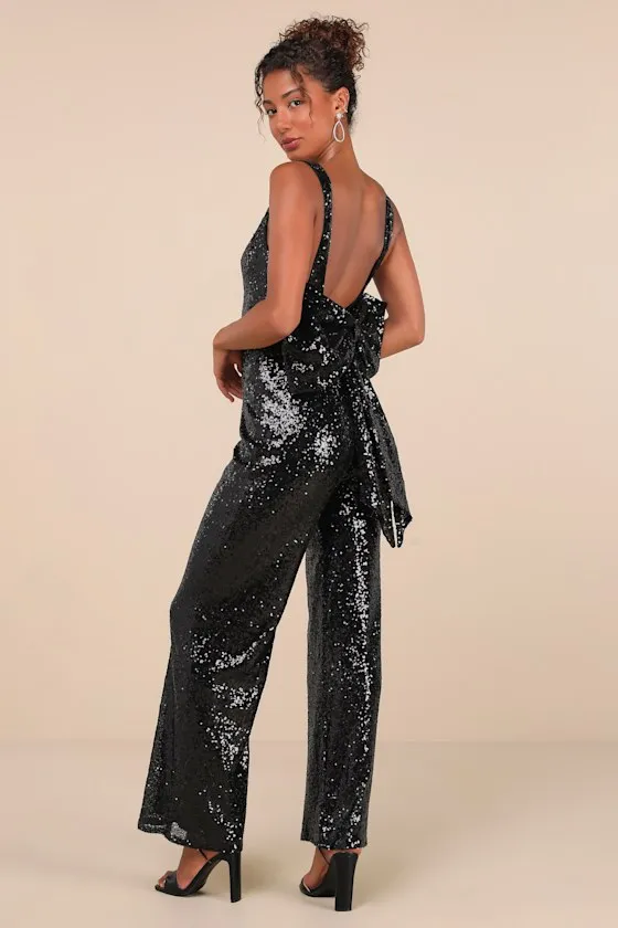 Feeling Sparkly Black Sequin Bow Wide-Leg Jumpsuit sold by Lulus