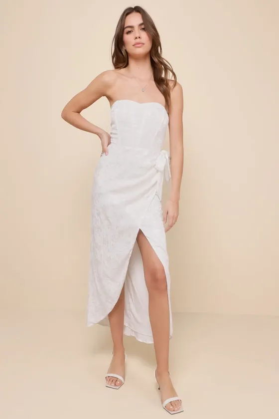 Adoring Praise Ivory Satin Jacquard Strapless Bustier Midi Dress sold by Lulus