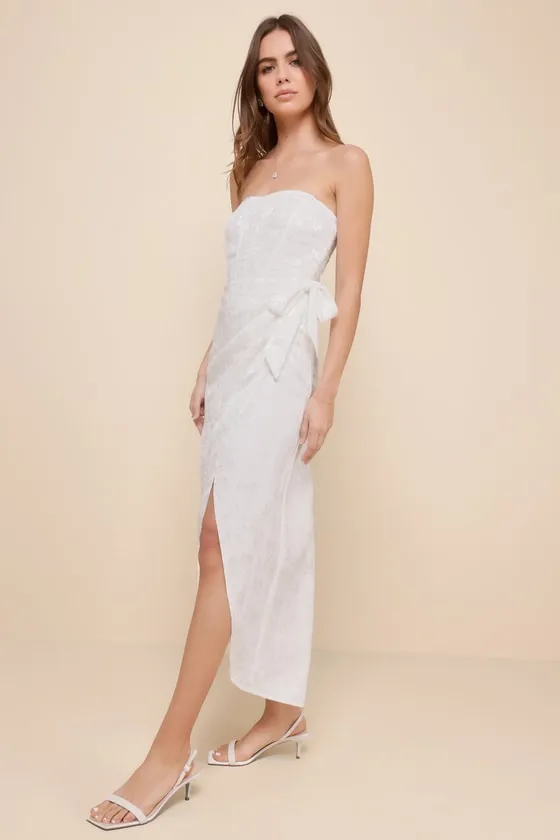 Adoring Praise Ivory Satin Jacquard Strapless Bustier Midi Dress sold by Lulus product image thumbnail 2