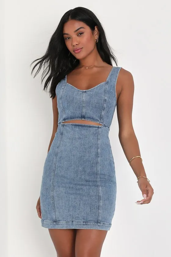 Charming Edge Light Blue Denim Cutout Mini Dress sold by Lulus