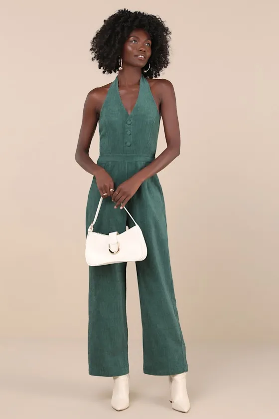 Charming Agenda Dark Green Corduroy Halter Jumpsuit sold by Lulus