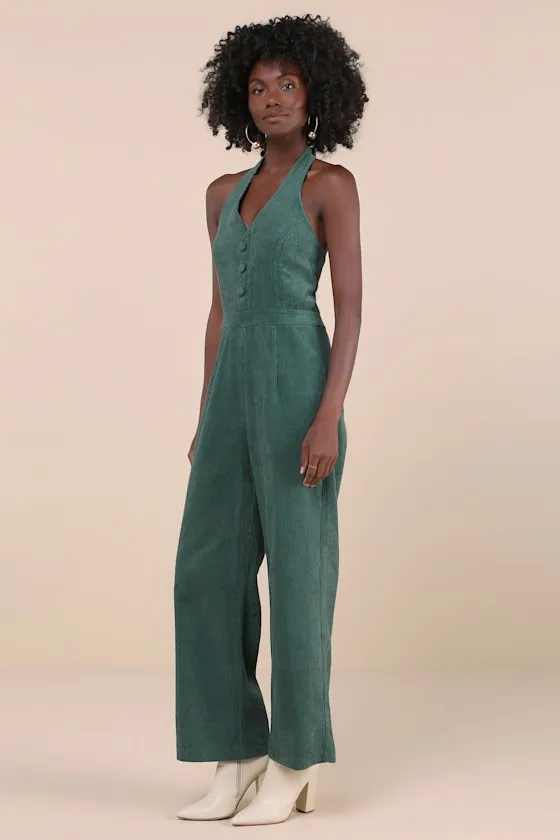 Charming Agenda Dark Green Corduroy Halter Jumpsuit sold by Lulus product image thumbnail 3
