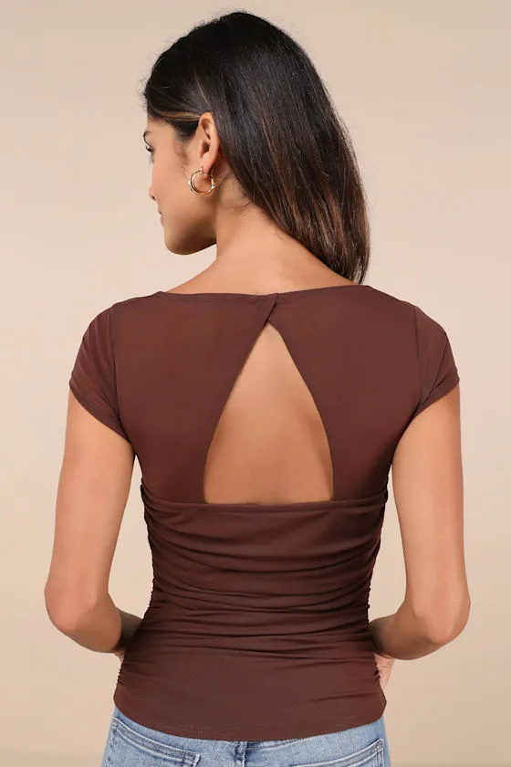 Exceptional Flirtation Brown Mesh Ruched Cutout Short Sleeve Top sold by Lulus product image thumbnail 2