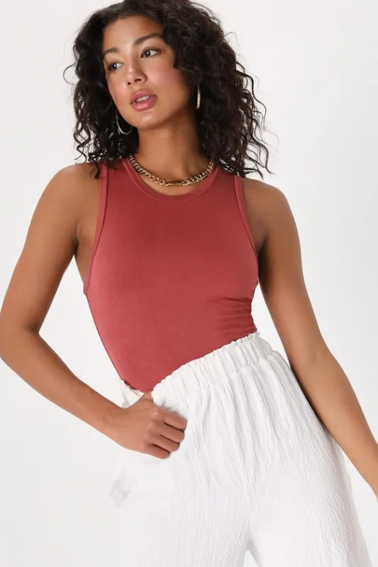 Always Easygoing Rusty Rose Sleeveless Bodysuit sold by Lulus