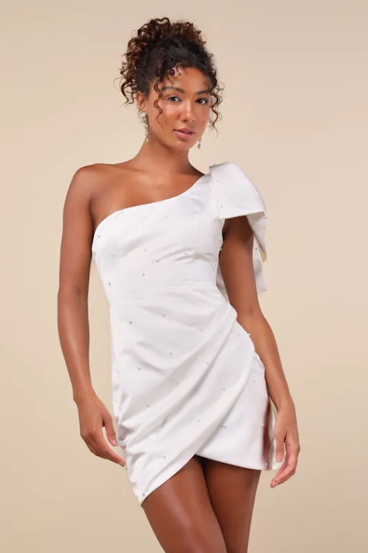Posh Behavior White Pearl Bow One-Shoulder Mini Dress sold by Lulus