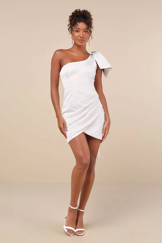 Posh Behavior White Pearl Bow One-Shoulder Mini Dress sold by Lulus product image thumbnail 3