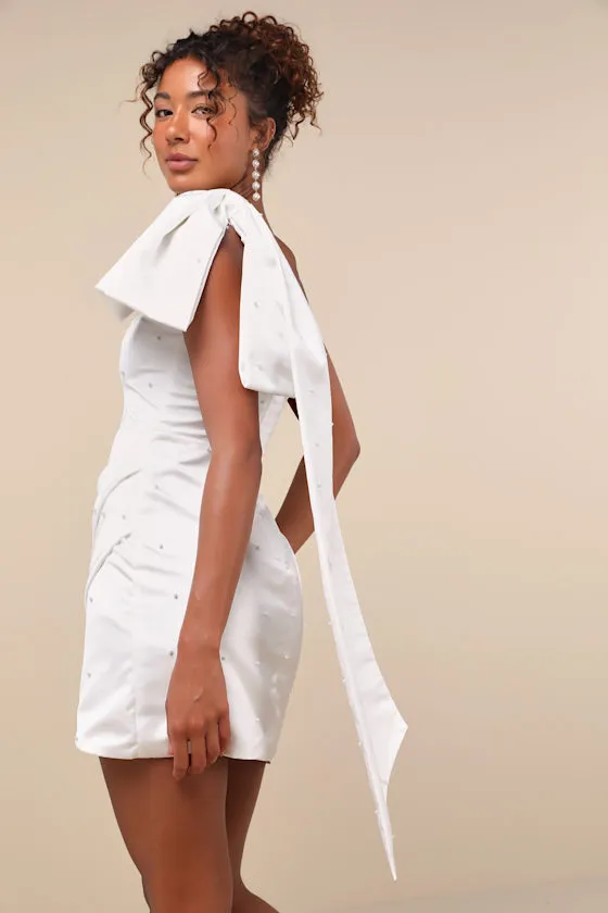 Posh Behavior White Pearl Bow One-Shoulder Mini Dress sold by Lulus product image thumbnail 4