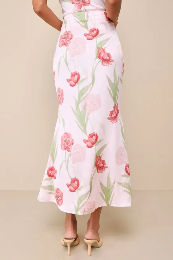 Exceptional Darling Blush Pink Floral Satin High-Rise Midi Skirt sold by Lulus product image thumbnail 3