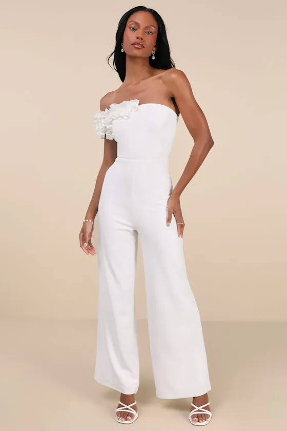 Damara White Floral Applique One-Shoulder Jumpsuit sold by Lulus
