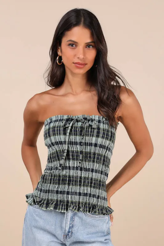 Rigia Green and Blue Plaid Cotton Smocked Strapless Top sold by Lulus