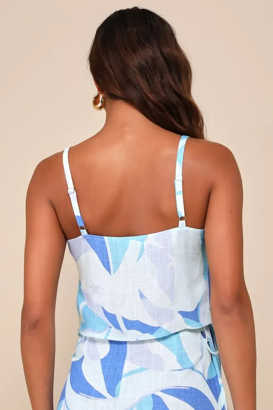 Wondrous Charm Blue Multi Print Linen Tie-Front Crop Top sold by Lulus product image thumbnail 2